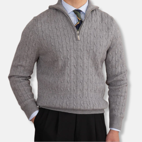 Oscar Kabelstickad Mockneck Halv-Zip Tröja | Ribbstickade Kanter Tröja