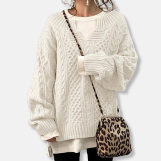 Anna Överdimensionerad Kabelstickad Tröja | V-ringad Långärmad Tröja