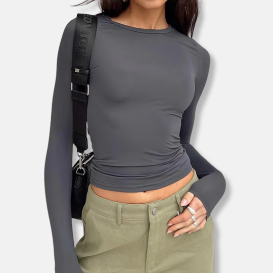 Linda Kort Långärmad Topp | Figursydd Topp med Rund Halsringning