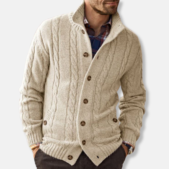 Oscar Kabelstickad Kofta | Ståkrage Höftlång Kofta