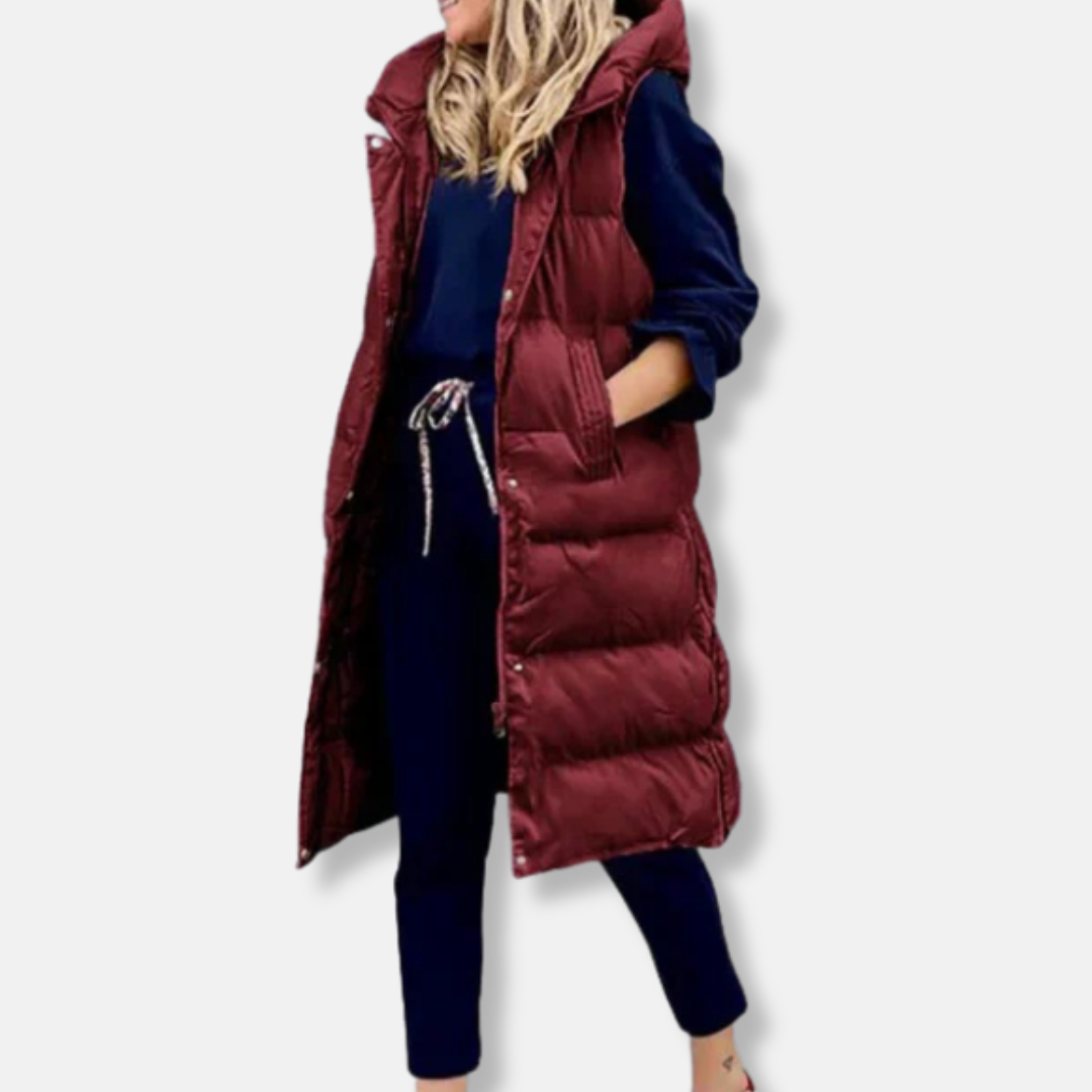 Maria Quiltad Lång Täckväst med Huva | Enfärgad Väst med Avslappnad Passform