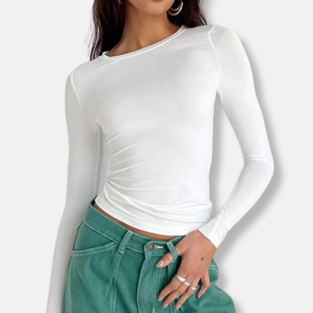 Linda Kort Långärmad Topp | Figursydd Topp med Rund Halsringning