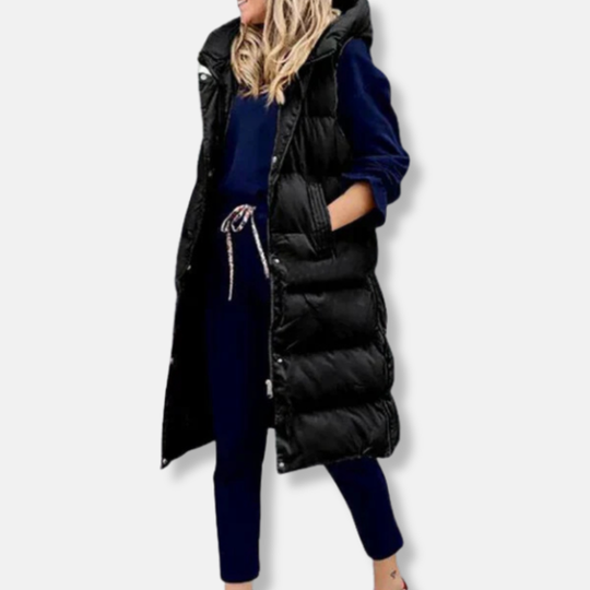 Maria Quiltad Lång Täckväst med Huva | Enfärgad Väst med Avslappnad Passform