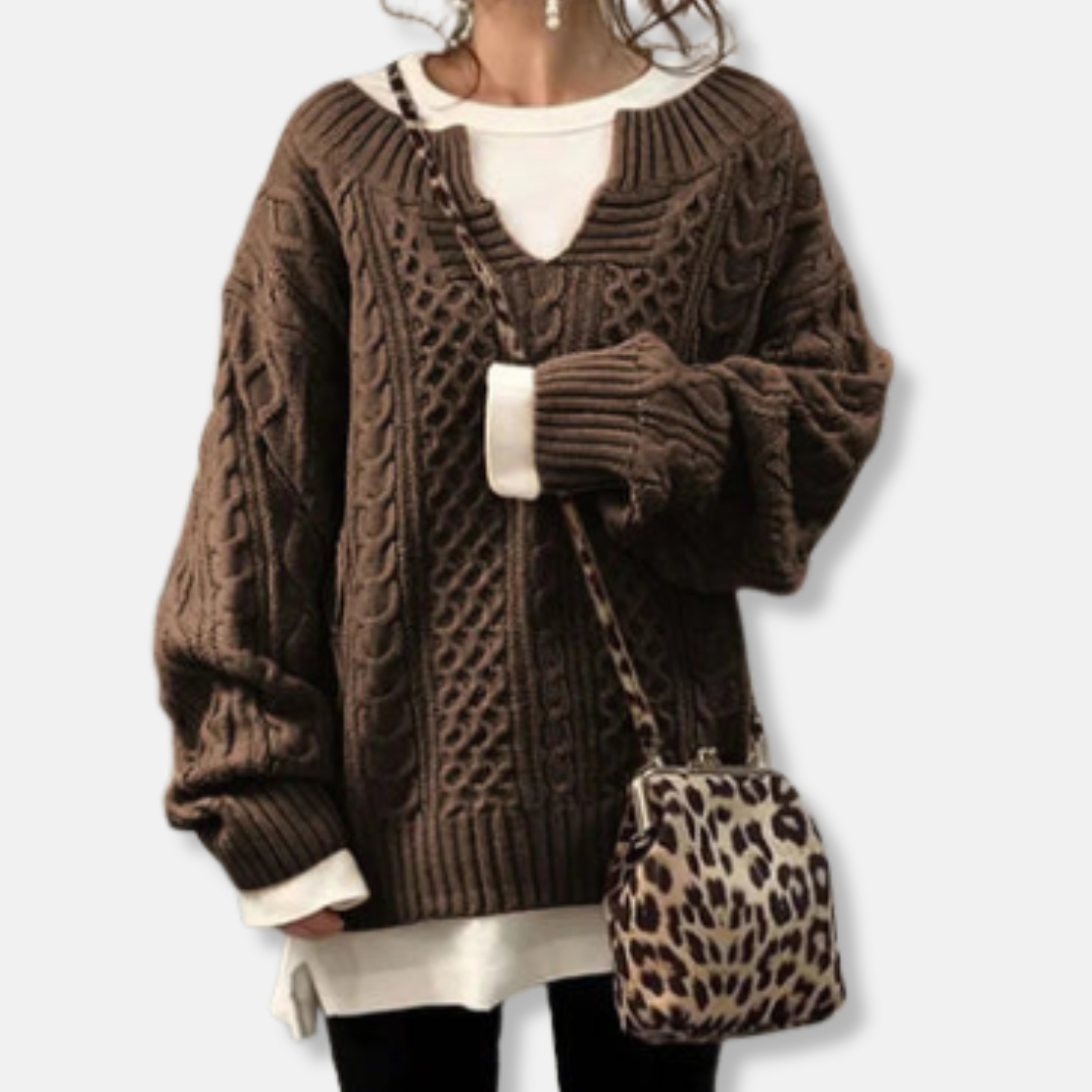 Anna Överdimensionerad Kabelstickad Tröja | V-ringad Långärmad Tröja