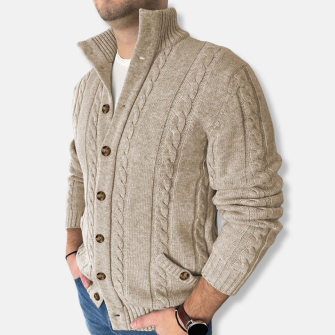 Oscar Kabelstickad Kofta | Ståkrage Höftlång Kofta