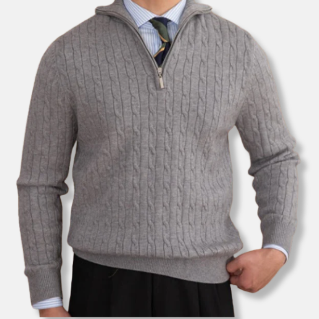 Oscar Kabelstickad Mockneck Halv-Zip Tröja | Ribbstickade Kanter Tröja