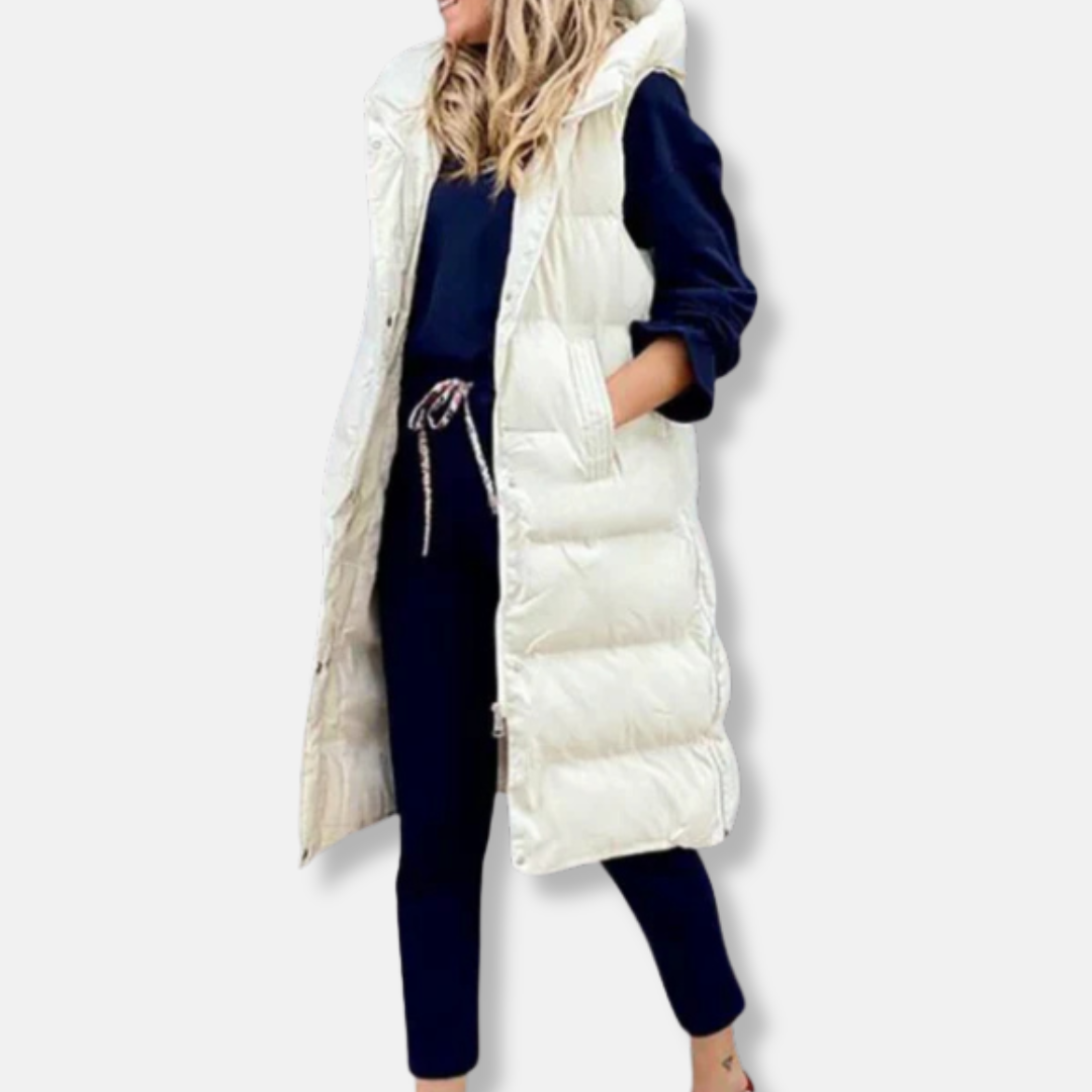 Maria Quiltad Lång Täckväst med Huva | Enfärgad Väst med Avslappnad Passform