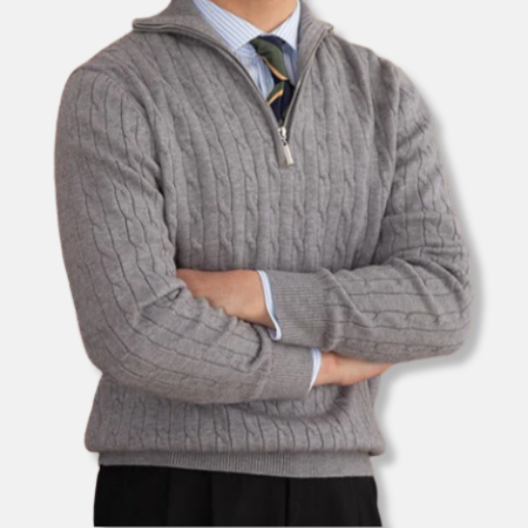 Oscar Kabelstickad Mockneck Halv-Zip Tröja | Ribbstickade Kanter Tröja