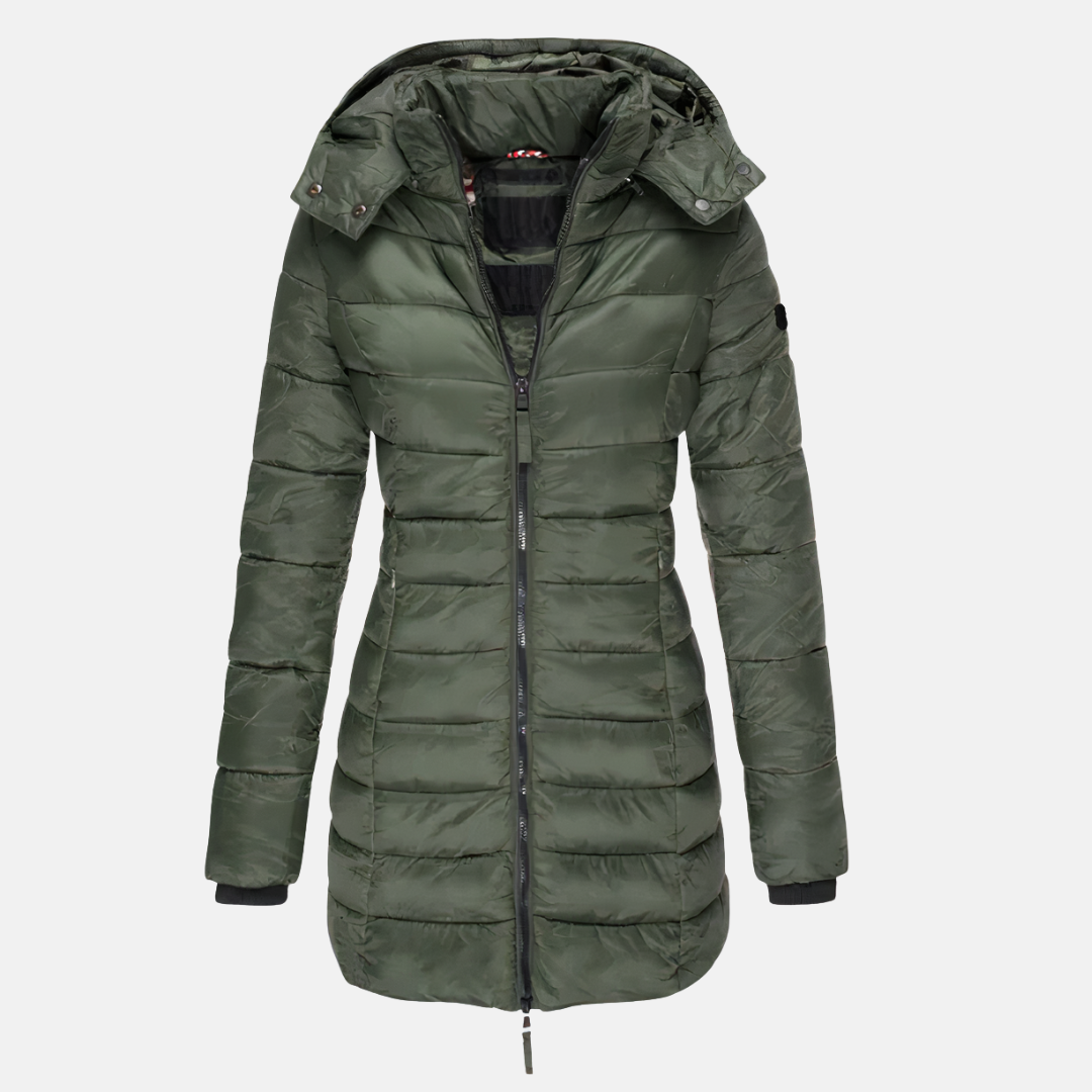 Amelia Figursydd Kappa | Quiltad Kappa med Huva och Mellanlång Passform