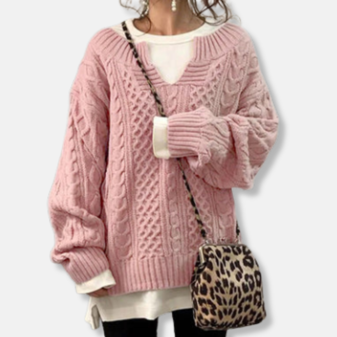 Anna Överdimensionerad Kabelstickad Tröja | V-ringad Långärmad Tröja