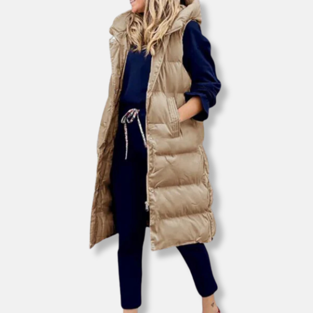 Maria Quiltad Lång Täckväst med Huva | Enfärgad Väst med Avslappnad Passform