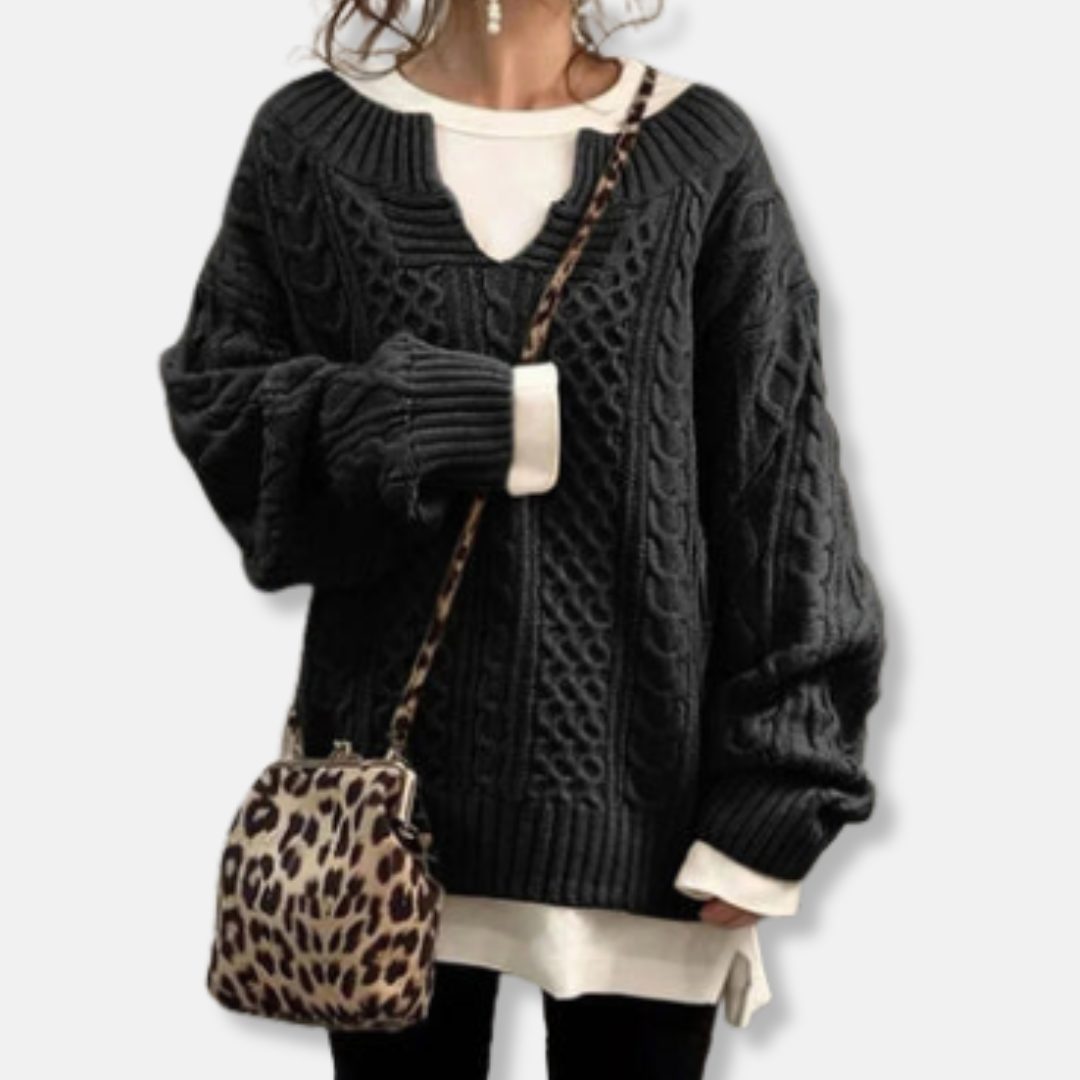 Anna Överdimensionerad Kabelstickad Tröja | V-ringad Långärmad Tröja