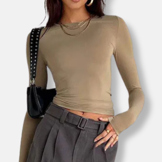 Linda Kort Långärmad Topp | Figursydd Topp med Rund Halsringning