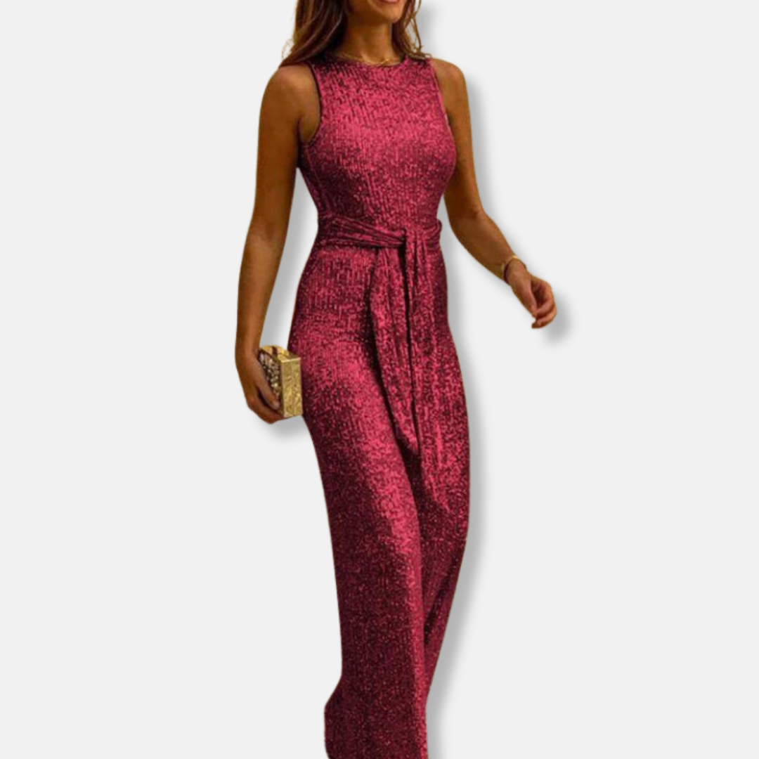 Isla Paljettmönstrad Vida Jumpsuit | Bältesdetalj Ärmlös Jumpsuit