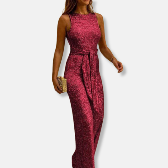 Isla Paljettmönstrad Vida Jumpsuit | Bältesdetalj Ärmlös Jumpsuit