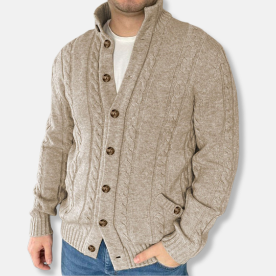 Oscar Kabelstickad Kofta | Ståkrage Höftlång Kofta