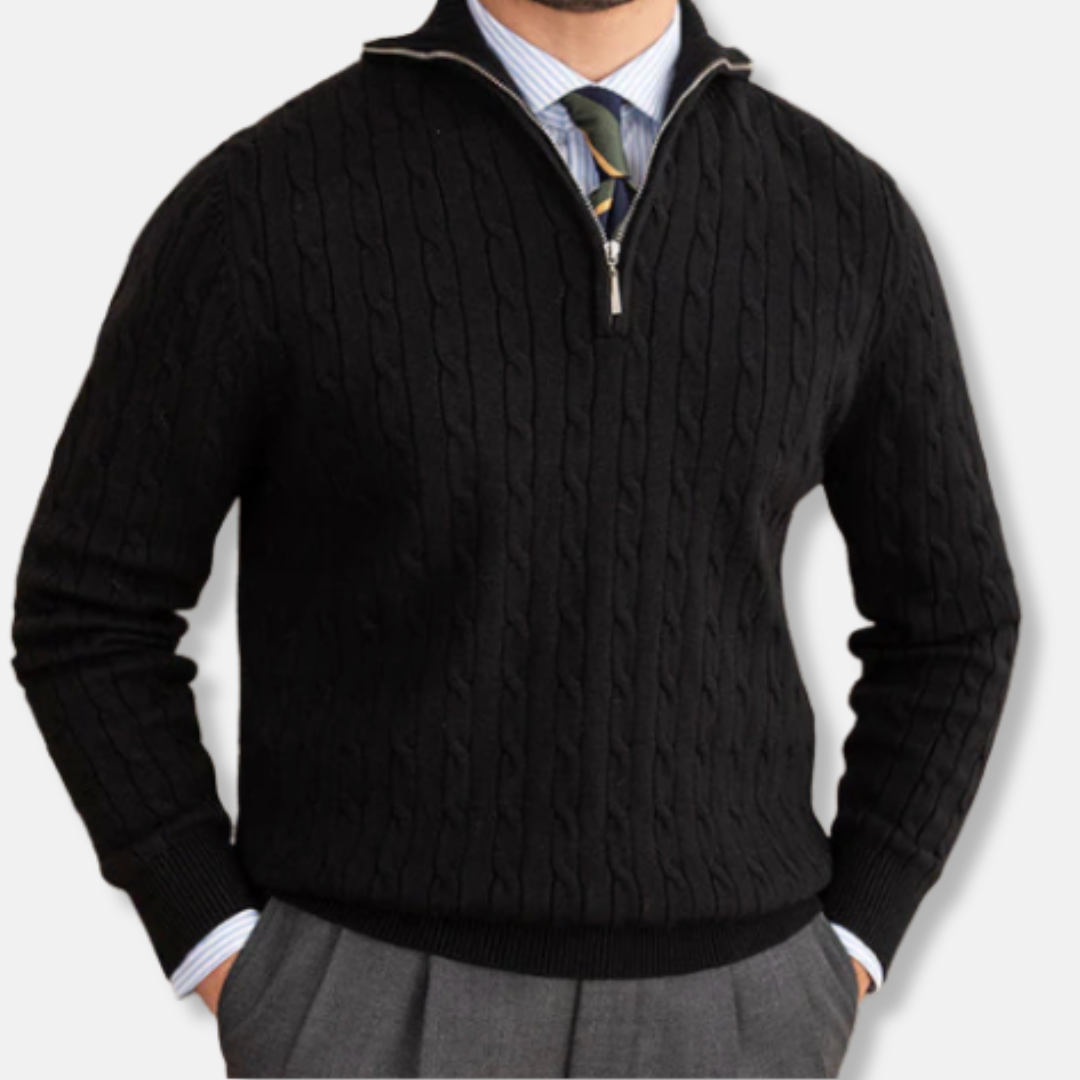 Oscar Kabelstickad Mockneck Halv-Zip Tröja | Ribbstickade Kanter Tröja