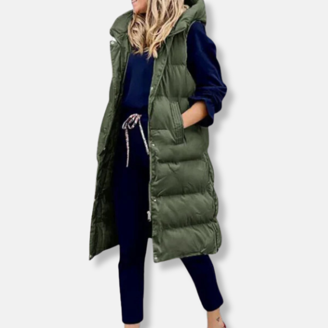 Maria Quiltad Lång Täckväst med Huva | Enfärgad Väst med Avslappnad Passform