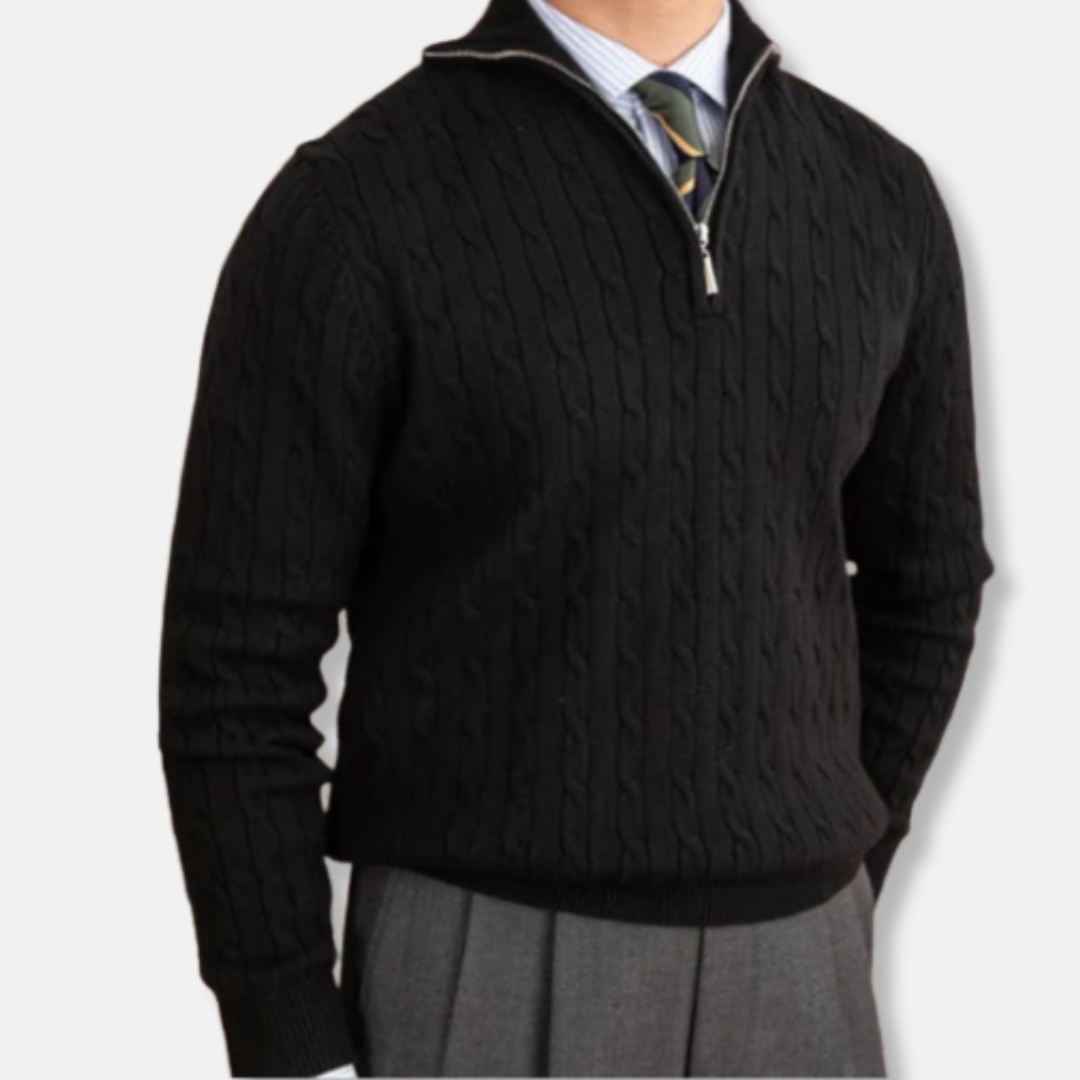 Oscar Kabelstickad Mockneck Halv-Zip Tröja | Ribbstickade Kanter Tröja