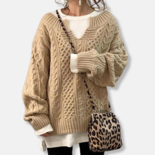 Anna Överdimensionerad Kabelstickad Tröja | V-ringad Långärmad Tröja