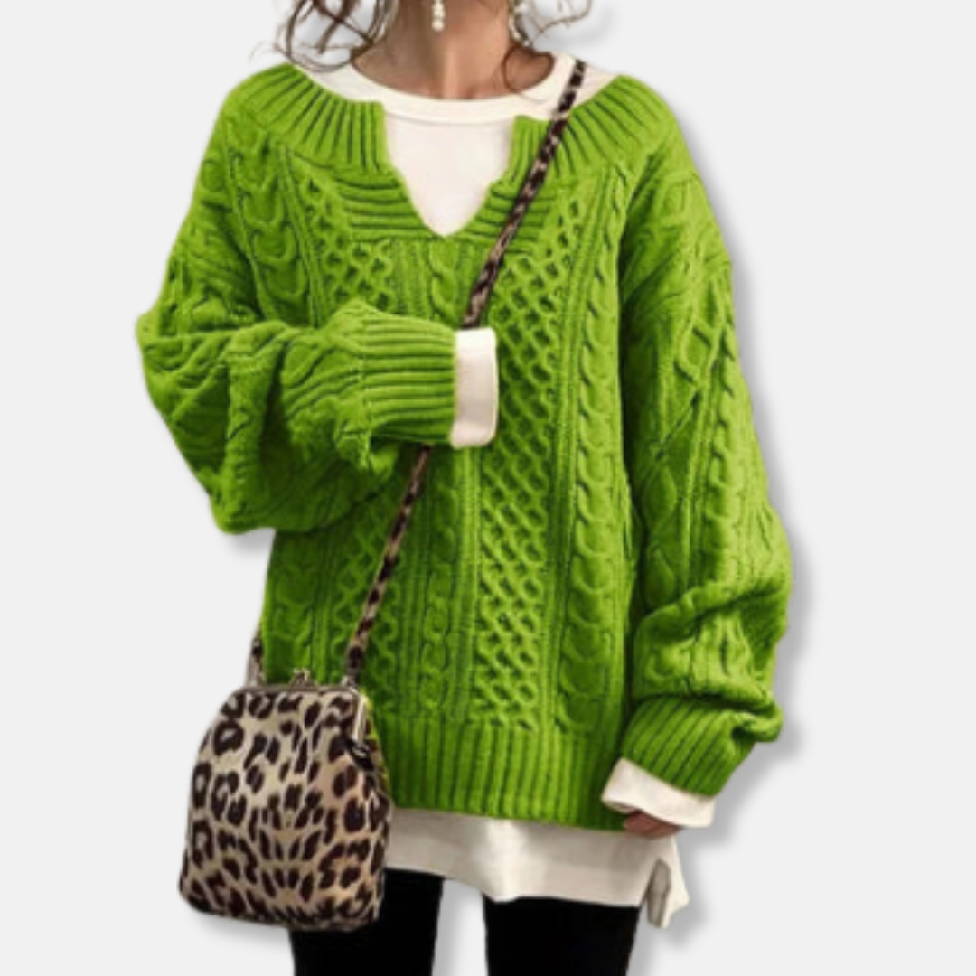 Anna Överdimensionerad Kabelstickad Tröja | V-ringad Långärmad Tröja