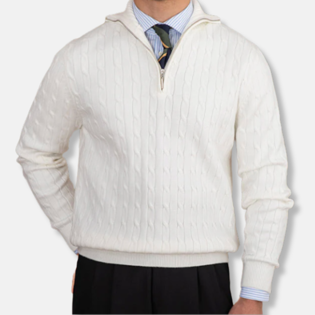 Oscar Kabelstickad Mockneck Halv-Zip Tröja | Ribbstickade Kanter Tröja