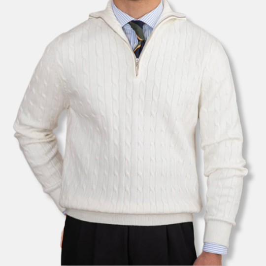 Oscar Kabelstickad Mockneck Halv-Zip Tröja | Ribbstickade Kanter Tröja