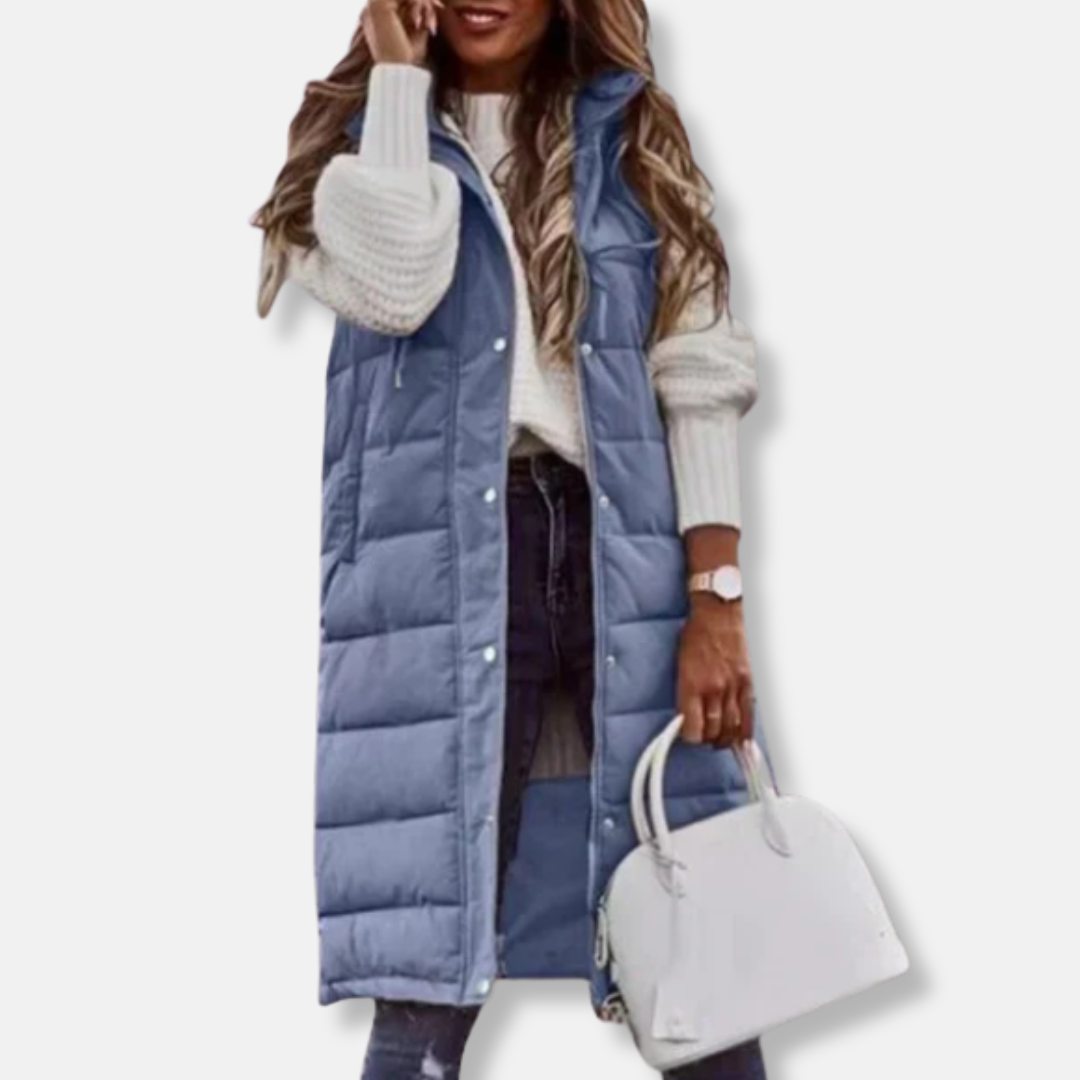 Maria Quiltad Lång Täckväst med Huva | Enfärgad Väst med Avslappnad Passform