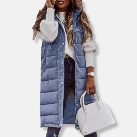 Maria Quiltad Lång Täckväst med Huva | Enfärgad Väst med Avslappnad Passform