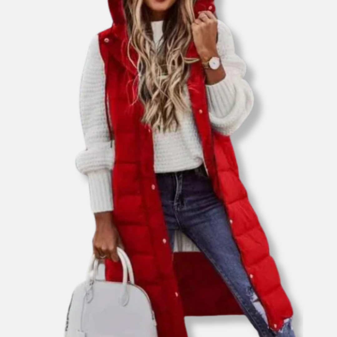 Maria Quiltad Lång Täckväst med Huva | Enfärgad Väst med Avslappnad Passform