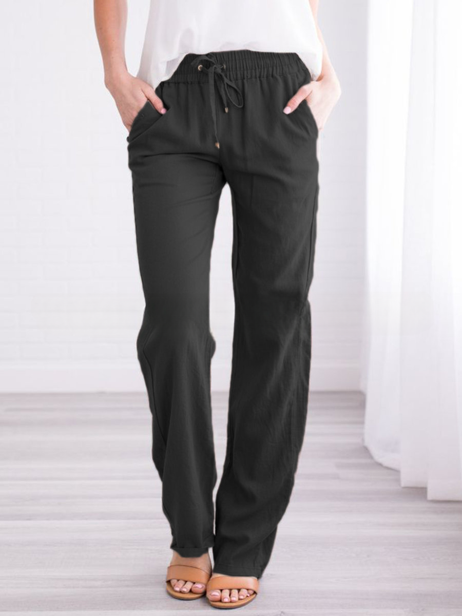 Isla Linne Avslappnade Vardagsbyxor | Elastisk Midja Pockets Casualbyxor