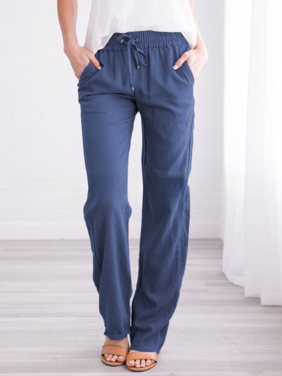 Isla Linne Avslappnade Vardagsbyxor | Elastisk Midja Pockets Casualbyxor