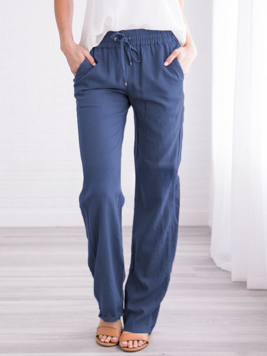 Isla Linne Avslappnade Vardagsbyxor | Elastisk Midja Pockets Casualbyxor