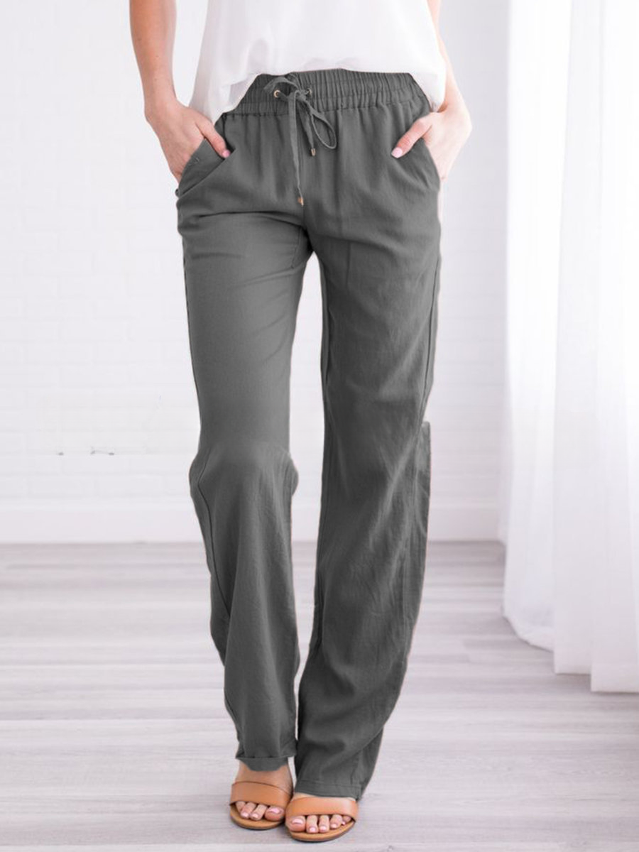 Isla Linne Avslappnade Vardagsbyxor | Elastisk Midja Pockets Casualbyxor