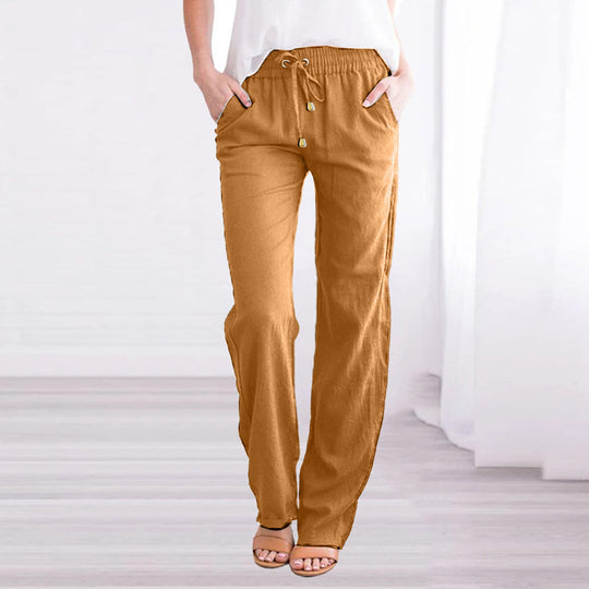Isla Linne Avslappnade Vardagsbyxor | Elastisk Midja Pockets Casualbyxor