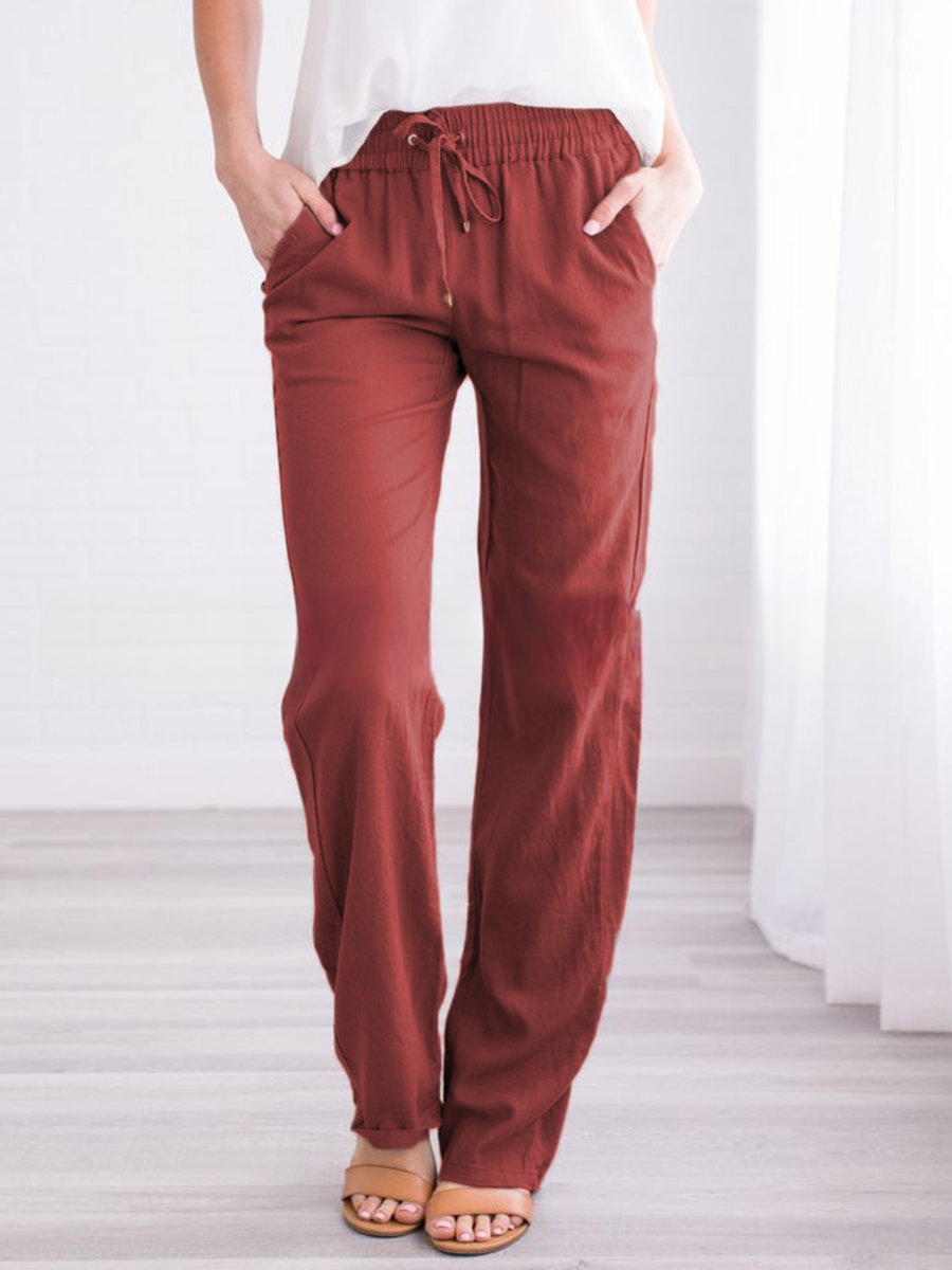 Isla Linne Avslappnade Vardagsbyxor | Elastisk Midja Pockets Casualbyxor